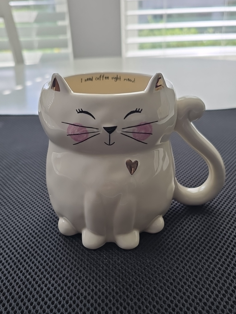 NATURAL LIFE White Cat Mug with Pink Cheeks and Gold Heart